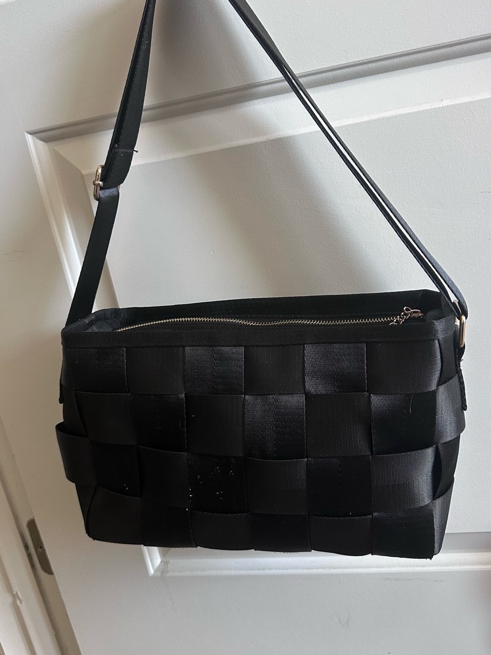 Black Woven Shoulder Bag with Adjustable Strap
